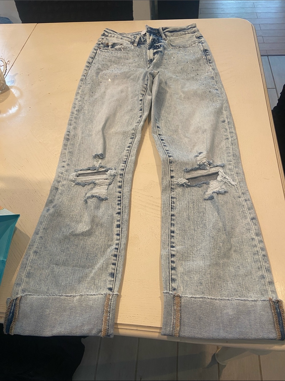 Light Wash Distressed Flare Jeans with Cuffed Hem